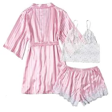 HGps8w Sleepwear for Women 3 Piece Stripe Satin Pajama Set Lingerie Lace Cami Pj Set Sexy V Neck Cami Top with Robe Pink