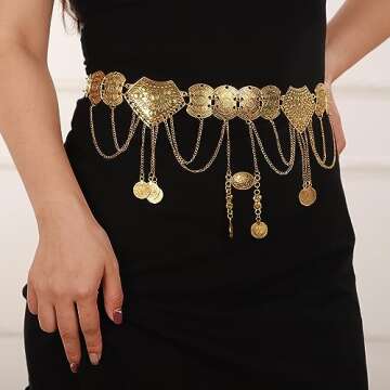 Wiwpar Women Gold Waist Chain Belt Coin Pendent Tassel Long Belt Body Belly Jewelry for Dresses Jeans Summer Beach Body Waist Chain Jewelry for Ladies (Gold)