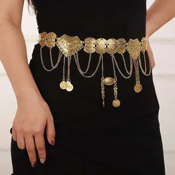 Wiwpar Women Gold Waist Chain Belt Coin Pendent Tassel Long Belt Body Belly Jewelry for Dresses Jeans Summer Beach Body Waist Chain Jewelry for Ladies (Gold)
