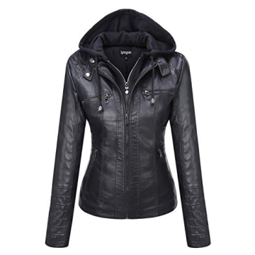 Springrain Women's Faux Leather Jacket Moto Biker Coat with Detachable Hood Motorcycle Jacket (Small...