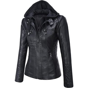 Springrain Women's Faux Leather Jacket with Detachable Hood