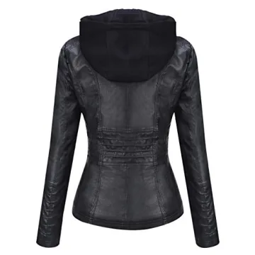 Springrain Women's Faux Leather Jacket with Detachable Hood