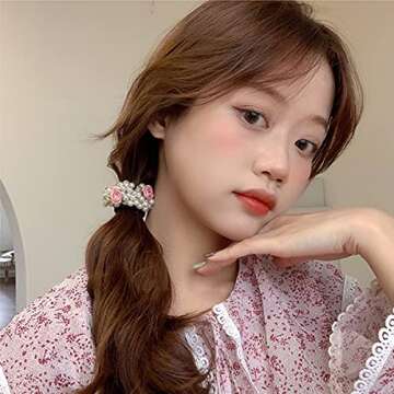 Xiwstar 2Pcs Pearls Hair Elastics Hair Ties Ponytail Holders Rose Flower Pigtail Ties Headwear Scrun...