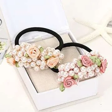 Xiwstar 2Pcs Pearls Hair Elastics Hair Ties Ponytail Holders Rose Flower Pigtail Ties Headwear Scrunchies Hair Accessories for Women Girls