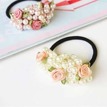 Xiwstar 2Pcs Pearls Hair Elastics Hair Ties Ponytail Holders Rose Flower Pigtail Ties Headwear Scrunchies Hair Accessories for Women Girls