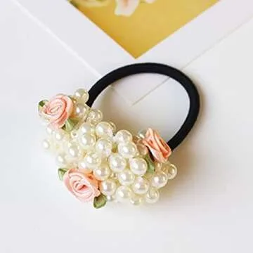 Xiwstar 2Pcs Pearls Hair Elastics Hair Ties Ponytail Holders Rose Flower Pigtail Ties Headwear Scrunchies Hair Accessories for Women Girls