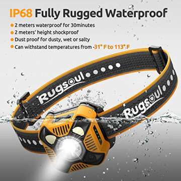 Rugsoul LED Headlamp, 350 Lumen Rechargeable Head Lamp with Red Light, IP68 Waterproof/Shockproof/Dust Proof, Lightweight Headlight for Camping, Hiking, Fishing, Cycling, Hunting (Orange)