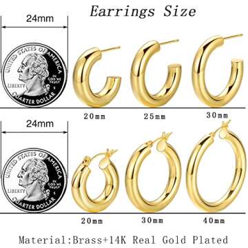 6 Pairs Chunky Gold Hoop Earrings for Women, 14K Real Gold Plated Lightweight Gold Hoops Earrings for Gifts (6 Pair)