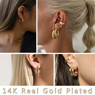 6 Pairs Chunky Gold Hoop Earrings for Women, 14K Real Gold Plated Lightweight Gold Hoops Earrings for Gifts (6 Pair)
