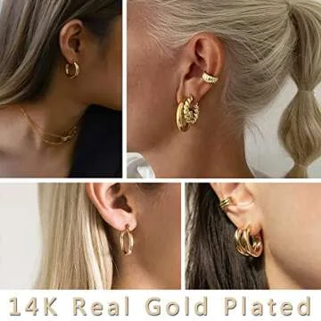 6 Pairs Chunky Gold Hoop Earrings for Women, 14K Real Gold Plated Lightweight Gold Hoops Earrings for Gifts (6 Pair)