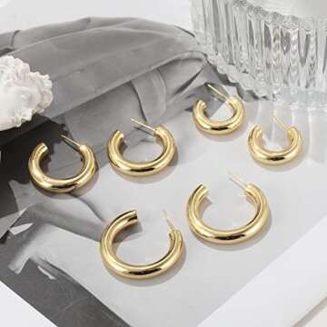 6 Pairs Chunky Gold Hoop Earrings for Women, 14K Real Gold Plated Lightweight Gold Hoops Earrings for Gifts (6 Pair)