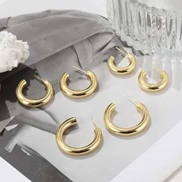 6 Pairs Chunky Gold Hoop Earrings for Women, 14K Real Gold Plated Lightweight Gold Hoops Earrings for Gifts (6 Pair)