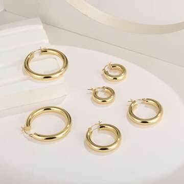 6 Pairs Chunky Gold Hoop Earrings for Women, 14K Real Gold Plated Lightweight Gold Hoops Earrings for Gifts (6 Pair)
