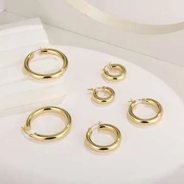 6 Pairs Chunky Gold Hoop Earrings for Women, 14K Real Gold Plated Lightweight Gold Hoops Earrings for Gifts (6 Pair)