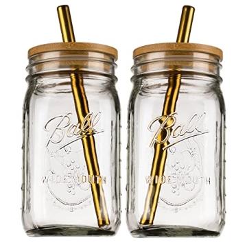 Stylish Reusable Boba Bubble Tea & Smoothie Cups - 2 Glass Wide Mouth 32oz Mason Jars with Bamboo Li...