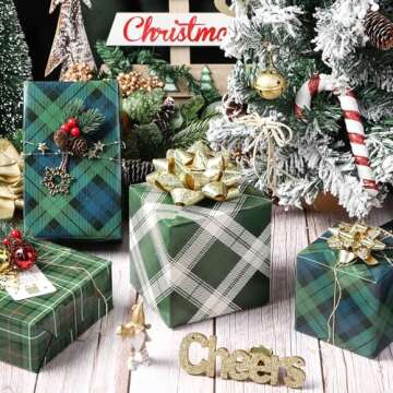 LeZakaa Christmas Green Wrapping Paper Sheet, 12 Folded Sheet with 4 Different Green Tartan, Plaid Design for New Year Celebrations, Holiday Gift Wrapping, 27.5 x 19.6 inches Per Sheet