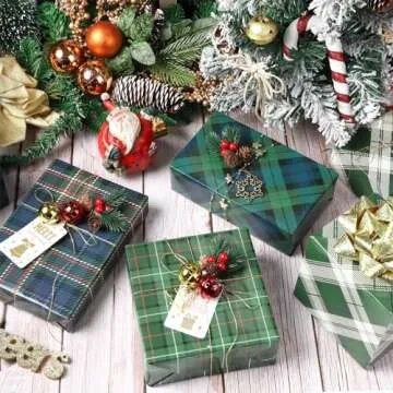 LeZakaa Christmas Green Wrapping Paper Sheet, 12 Folded Sheet with 4 Different Green Tartan, Plaid Design for New Year Celebrations, Holiday Gift Wrapping, 27.5 x 19.6 inches Per Sheet