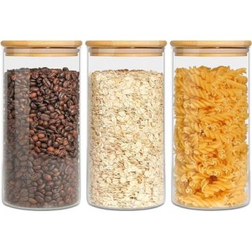 ComSaf Airtight Glass Storage Containers with Bamboo Lid (30oz Set of 3), Clear Food Storage Caniste...