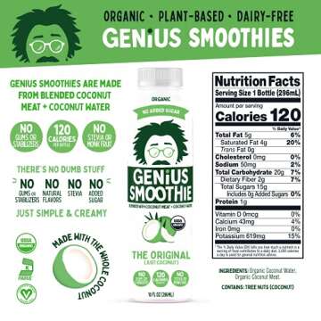 Genius Juice 100% Organic Coconut Creamy Nutritional Smoothie | Coconut Water + Blended Whole Coconut Meat = Low Calorie, Delicious, Filling Meal Replacement | No added sugars, Vegan Free, Dairy Free