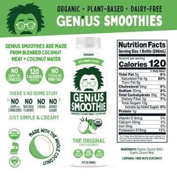 Genius Juice 100% Organic Coconut Creamy Nutritional Smoothie | Coconut Water + Blended Whole Coconut Meat = Low Calorie, Delicious, Filling Meal Replacement | No added sugars, Vegan Free, Dairy Free