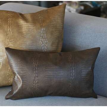 Kdays Brown Crocodile Skin Thick & Soft Faux Leather Lumbar Pillow Cover Decorative for Couch Throw Pillow Case Brown Leather Cushion Modern Minimalist Waterproof Pillow Cover 12x20 Inches