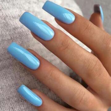 Baby Blue Press On Nails Medium Long Square, Xcreando Medium Coffin Nails Acrylic Nails Press ons Glue on Nails Medium Length, Solid Color Fake Nails for Women, Natural Thick Artificial Nails Stick on