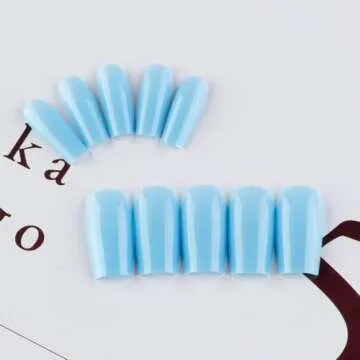 Baby Blue Press On Nails Medium Long Square, Xcreando Medium Coffin Nails Acrylic Nails Press ons Glue on Nails Medium Length, Solid Color Fake Nails for Women, Natural Thick Artificial Nails Stick on