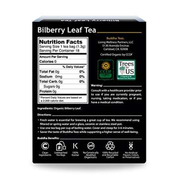Buddha Teas Organic Bilberry Leaf Tea - OU Kosher, USDA Organic, CCOF Organic, 18 Bleach-Free Tea Bags