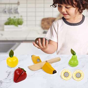 PairPear Wooden Play Food Cutting Fruit Set - Wooden Toys for Toddlers Toy Food Play Kitchen Accessories