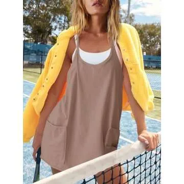 Nirovien Athletic Dress for Women Romper Dress with Built in Shorts Sleeveless Spaghetti Straps Summer Dresses with Pockets(Coffee,L)