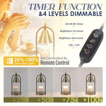 Soilsiu Candle Warmer Lamp with Timer, Electric Brass Candle Warmer Light for Bedroom, Dimmable Wax ...