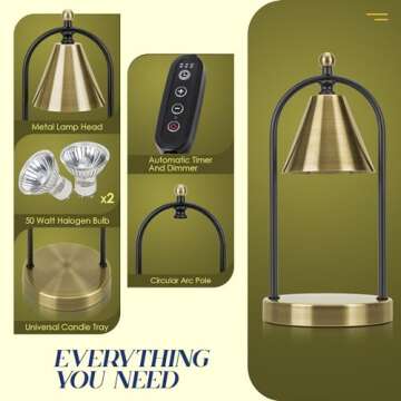 Soilsiu Candle Warmer Lamp with Timer, Electric Brass Candle Warmer Light for Bedroom, Dimmable Wax Melts Warmer for Candle Jars, Beside Lamp Gifts for Women Home Decor (2 Bulbs Included)