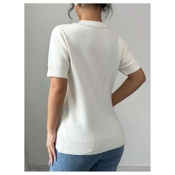 MakeMeChic Women's Bow Knot Short Sleeve Sweater Pearl Beaded Crew Neck Knitted Pullovers Tops