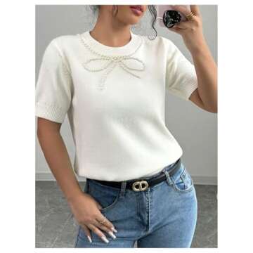 MakeMeChic Women's Bow Knot Short Sleeve Sweater Pearl Beaded Crew Neck Knitted Pullovers Tops
