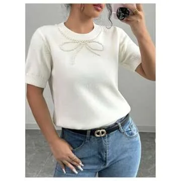 MakeMeChic Women's Bow Knot Short Sleeve Sweater Pearl Beaded Crew Neck Knitted Pullovers Tops
