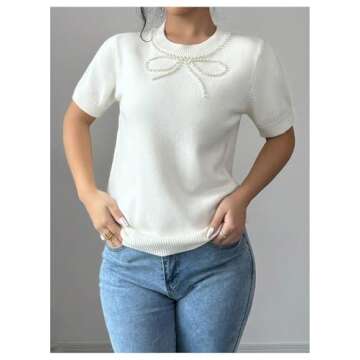 MakeMeChic Women's Bow Knot Short Sleeve Sweater Pearl Beaded Crew Neck Knitted Pullovers Tops