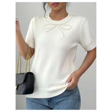 MakeMeChic Women's Bow Knot Short Sleeve Sweater Pearl Beaded Crew Neck Knitted Pullovers Tops