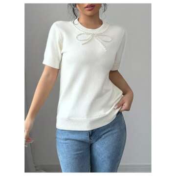 MakeMeChic Women's Bow Knot Short Sleeve Sweater Pearl Beaded Crew Neck Knitted Pullovers Tops