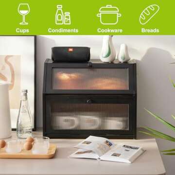 BMOSU Large Bread Box for Kitchen Countertop,Double Layer Bread Box for Kitchen Counter,Bamboo Wood Bread box Capacity Bin Kitchen Storage(Black)