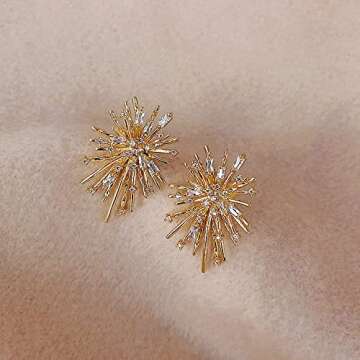 Gold Metal Firework Stud Earrings Women Big Earrings Studs Statement Chandelier Earrings-Gold A