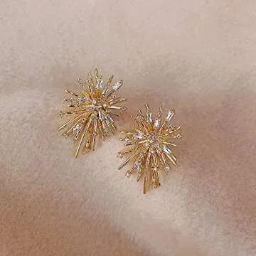 Gold Metal Firework Stud Earrings Women Big Earrings Studs Statement Chandelier Earrings-Gold A
