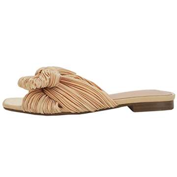 VETASTE Women's Pleated Bow Flat Sandals Open Square Toe Slip on Slide Sandals