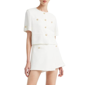 GOELIA Women's 2 Piece Suit Sets White Acetate Short Sleeve Blazer Jacket and Skirt Shorts Business ...