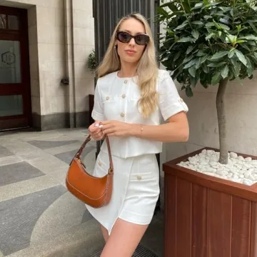 GOELIA Women's 2 Piece Suit Sets White Acetate Short Sleeve Blazer Jacket and Skirt Shorts Business Casual Outfits