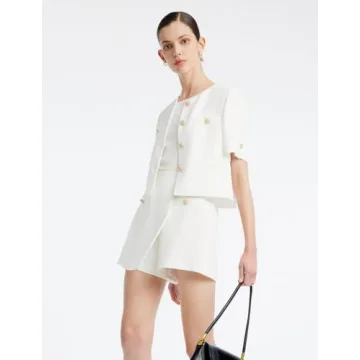 GOELIA Women's 2 Piece Suit Sets White Acetate Short Sleeve Blazer Jacket and Skirt Shorts Business Casual Outfits