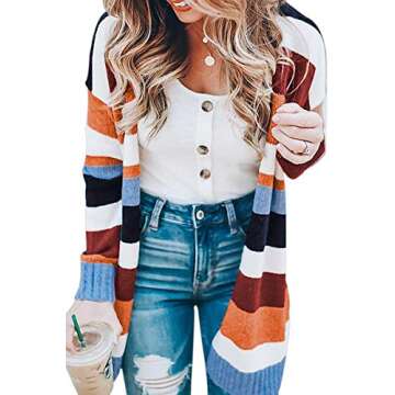 ECOWISH Womens Cardigan Color Block Striped Draped Kimono Cardigans Long Sleeve Open Front Casual Knit Sweaters Coat Outwear