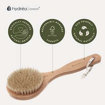 Hydrea London Dry Body Brush –Short Handle Premium Exfoliating Dry Skin Brush with Natural Bristle, FSC® Certified Beechwood.