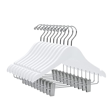 Quality Hangers 20 Pack Kids Wooden Pants Hangers 12 Inches - Skirt Hangers with Adjustable Metal Cl...