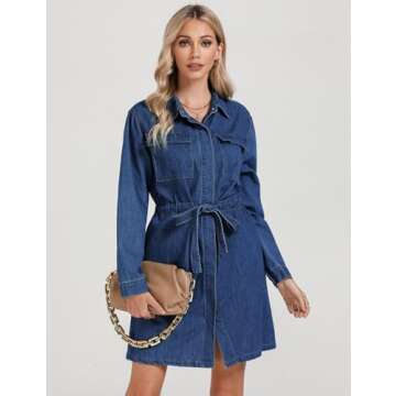 luvamia Womens Fashion Denim Dress Long Sleeve Drawstring Waist Jean Dresses Summer Dresses for Women 2024 Denim Dresses for Women Shirt Dresses for Women Classic Blue Size Medium Fits Size 8 Size 10