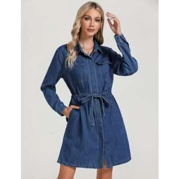luvamia Womens Fashion Denim Dress Long Sleeve Drawstring Waist Jean Dresses Summer Dresses for Women 2024 Denim Dresses for Women Shirt Dresses for Women Classic Blue Size Medium Fits Size 8 Size 10